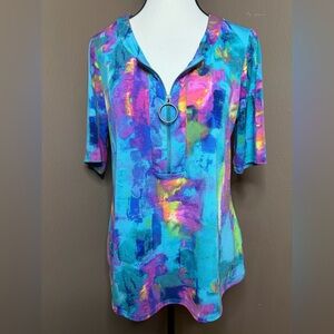 Investments Women's Wearable Art Top Multicolor Half Zip Short Sleeve Size S
